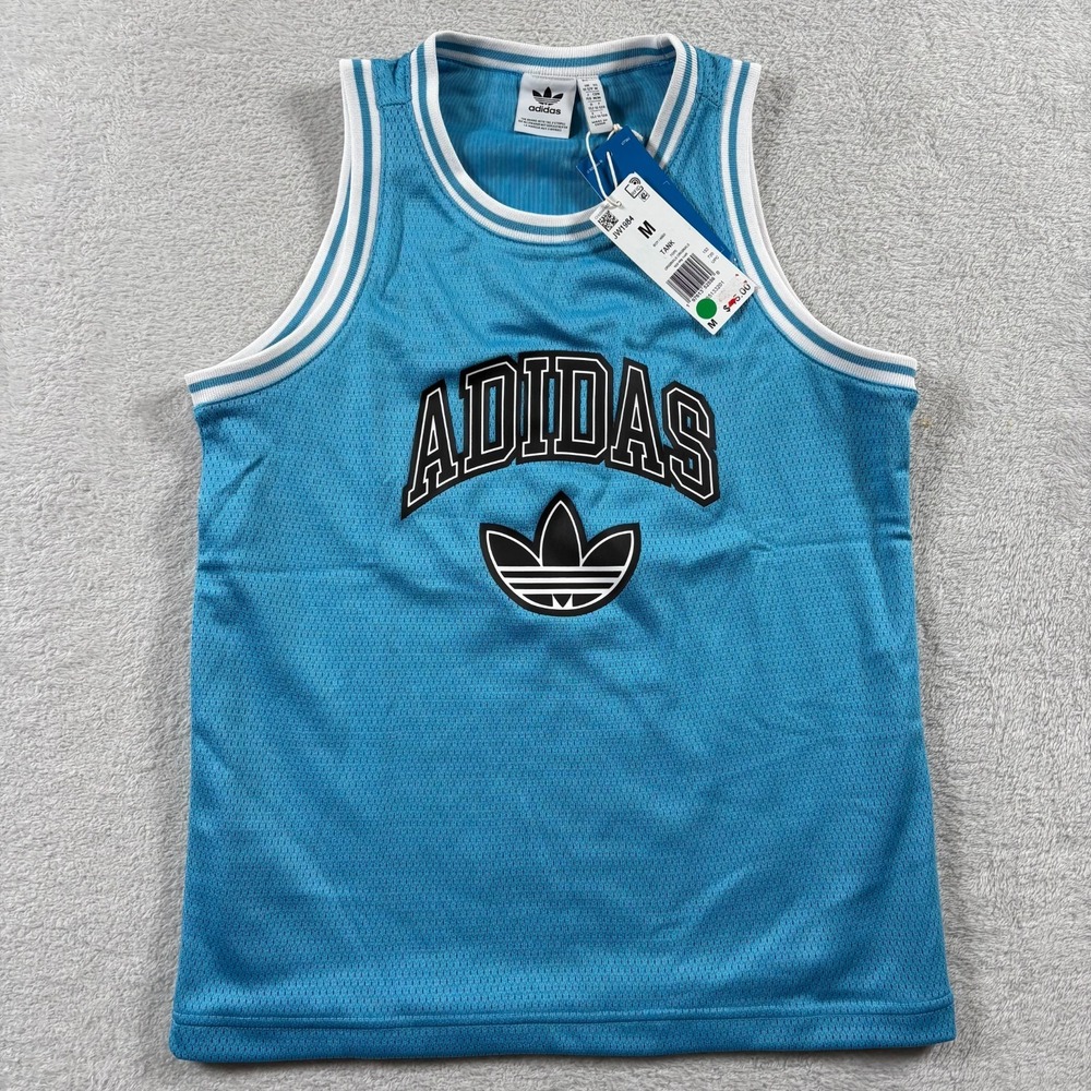 Adidas Jersey Tank‎ Top Boys Medium Blue Trefoil Logo Mesh Lined Round Neck